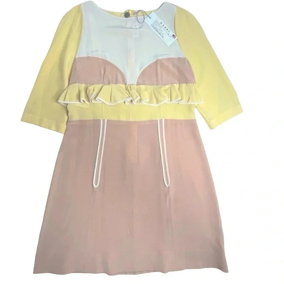 MARNI Antique Rose + Vanilla 100% Silk Midi Length Ruffled Peplum Dress Size 8